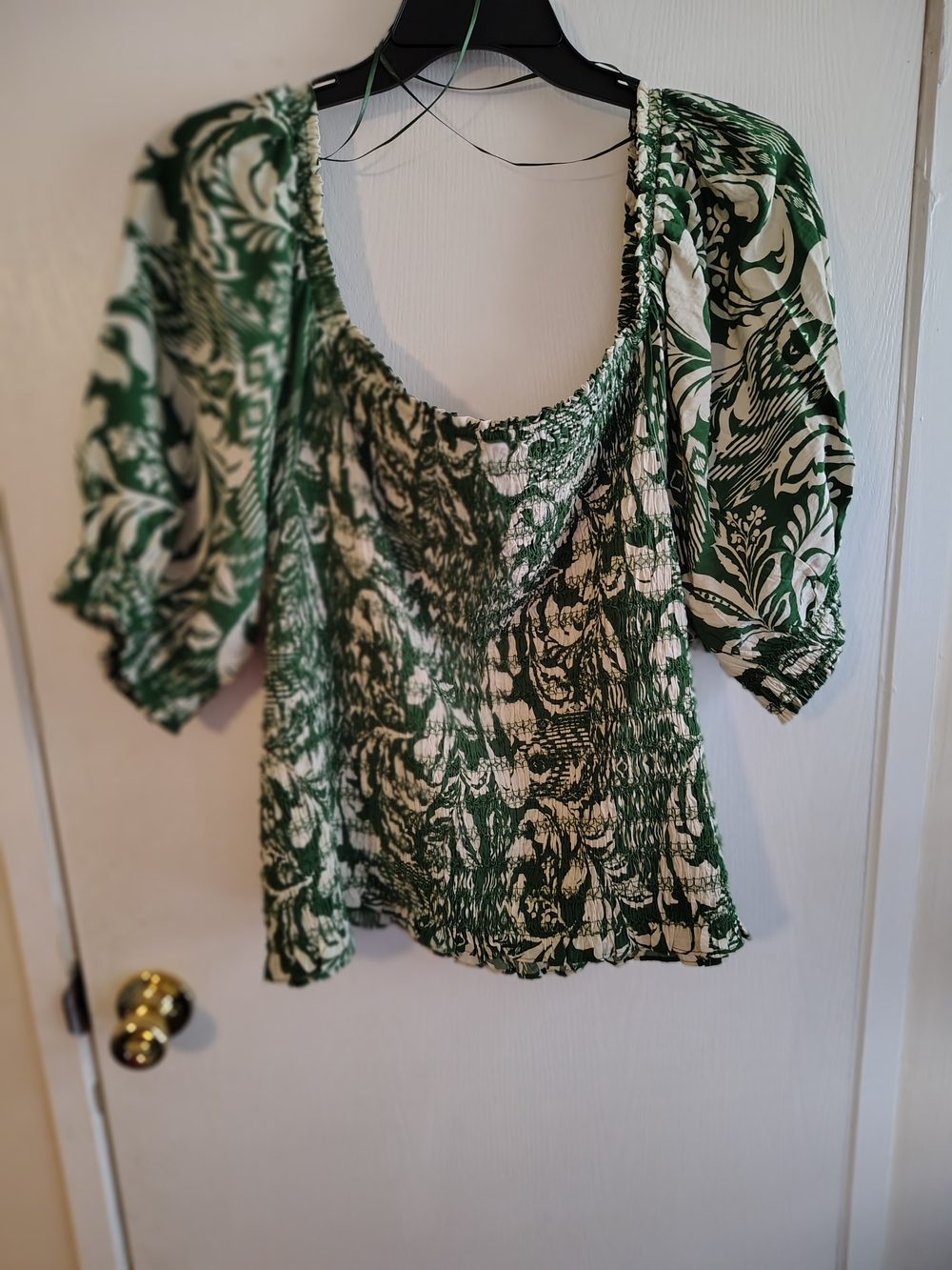 Floral Square Neck Puff Sleeve Smocked Top Green & White